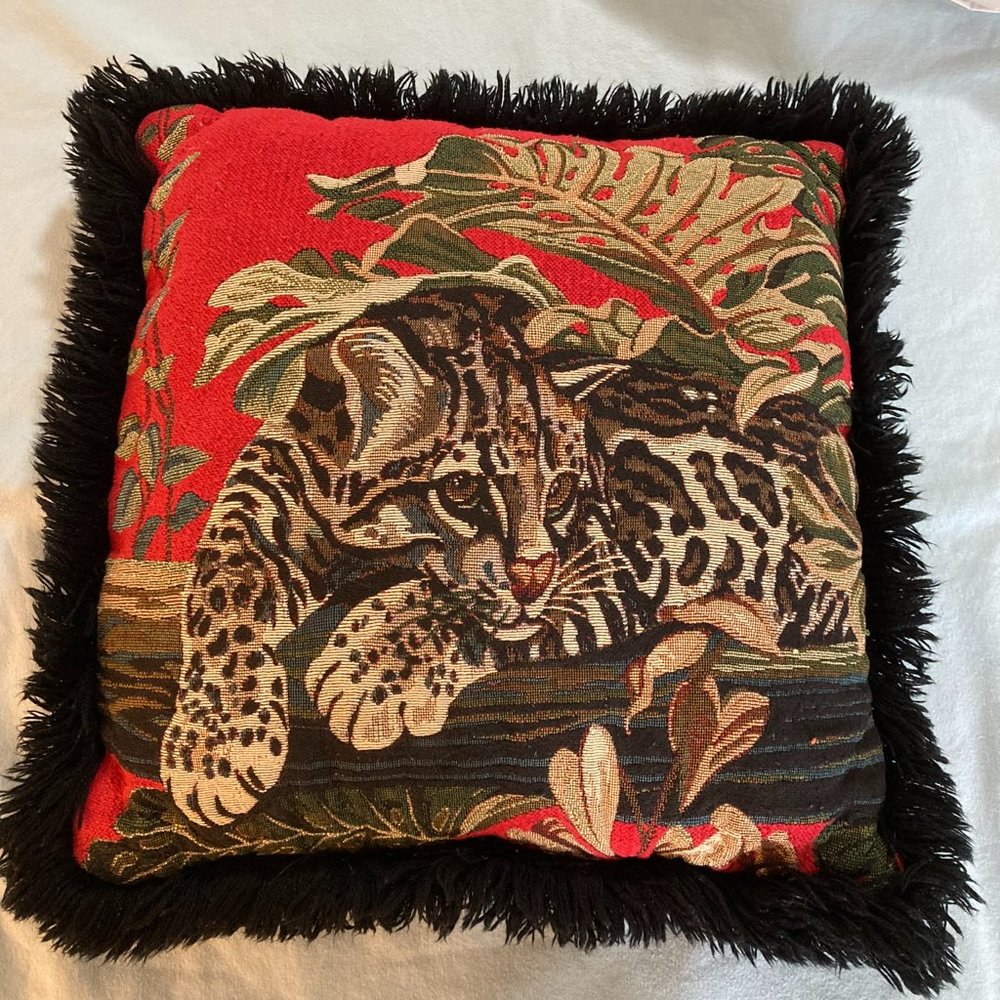 Animalia, vintage Big Cat Ocelot tapestry pillow